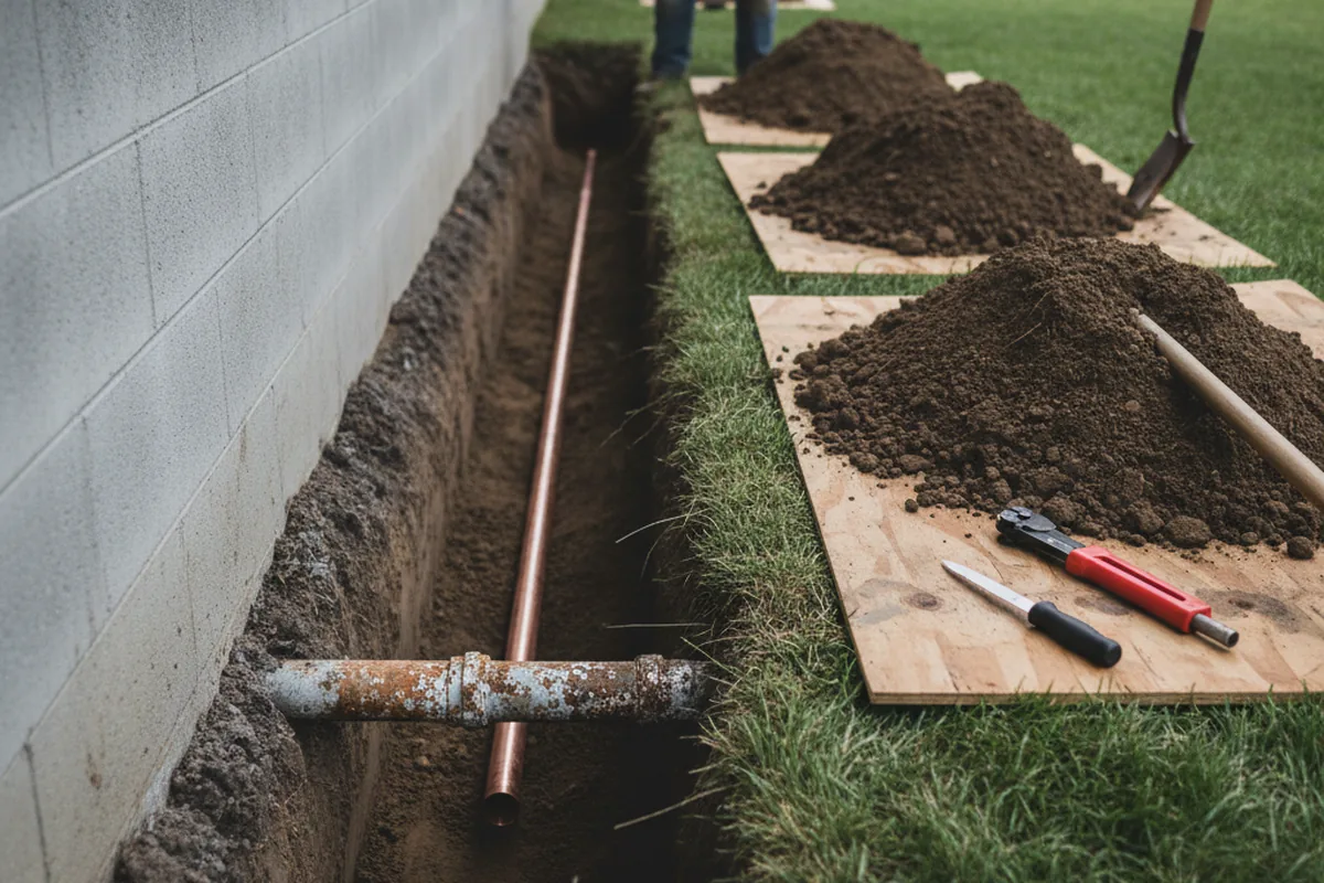 Excavated water line trench during Water Heater Repair in Marysville